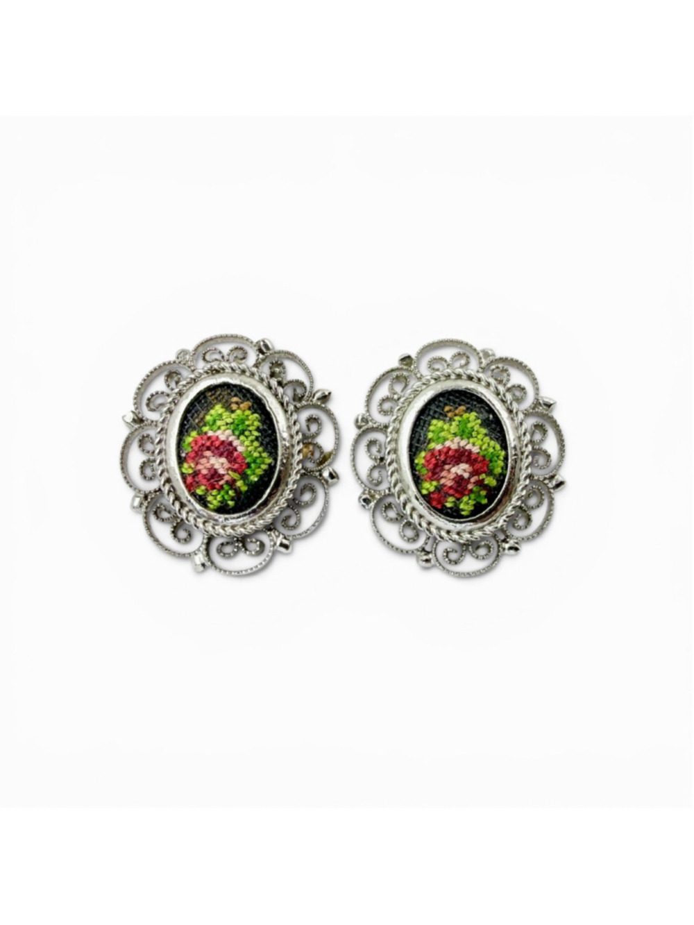 Vintage Austrian Petit Point Clip On Earrings, Floral Needlepoint Rose, Silver